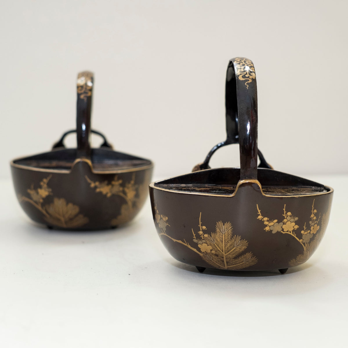 Antique Japanese Maki-e Lacquer Choshi Sake Ewer Pair | Pine Plum Gold Urushi Ceremonial Pourers with Wood Box