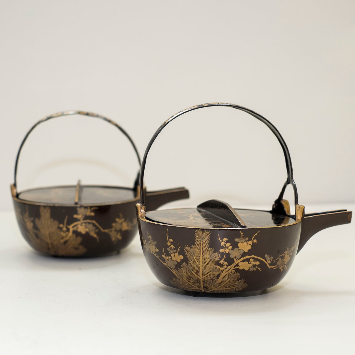 Antique Japanese Maki-e Lacquer Choshi Sake Ewer Pair | Pine Plum Gold Urushi Ceremonial Pourers with Wood Box