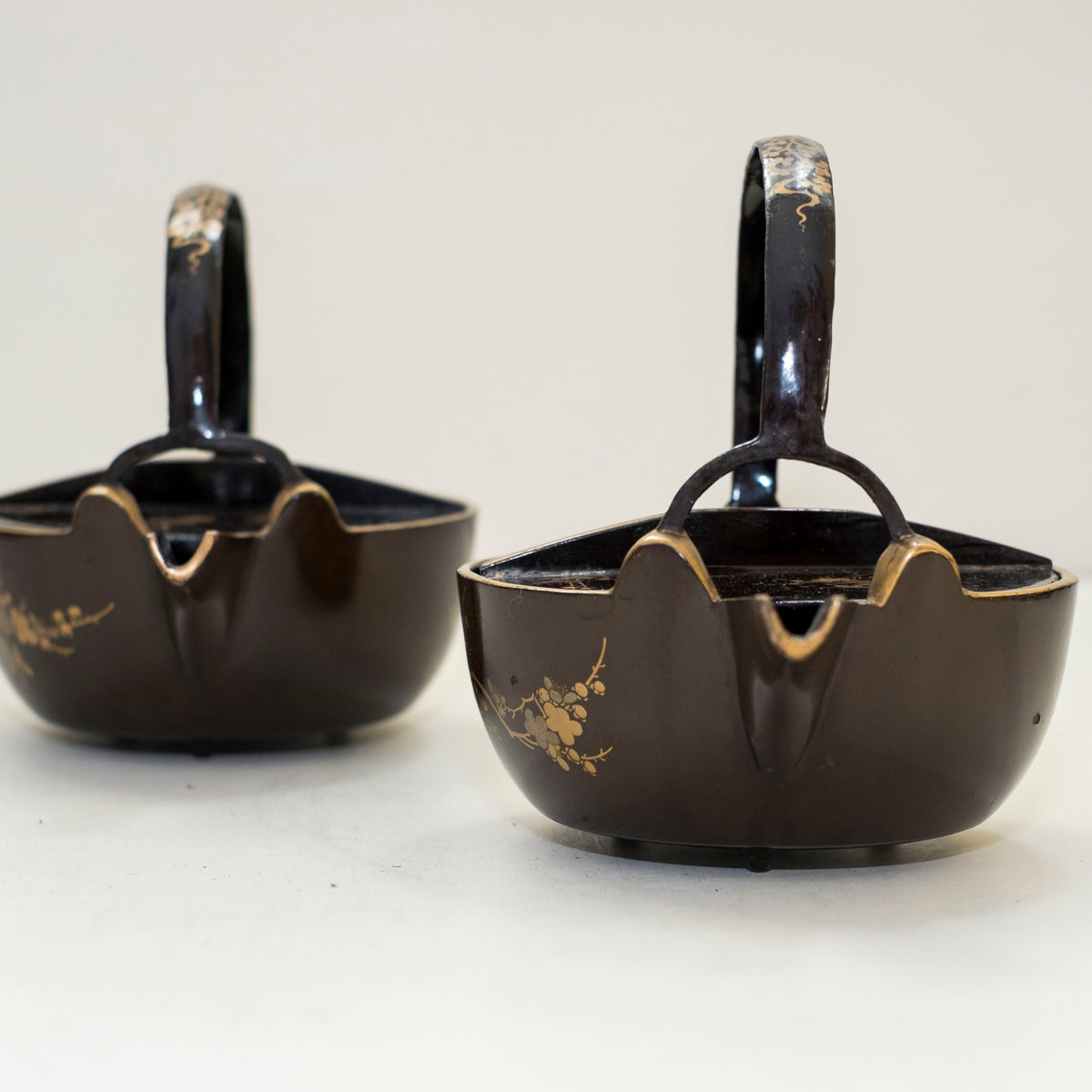 Antique Japanese Maki-e Lacquer Choshi Sake Ewer Pair | Pine Plum Gold Urushi Ceremonial Pourers with Wood Box