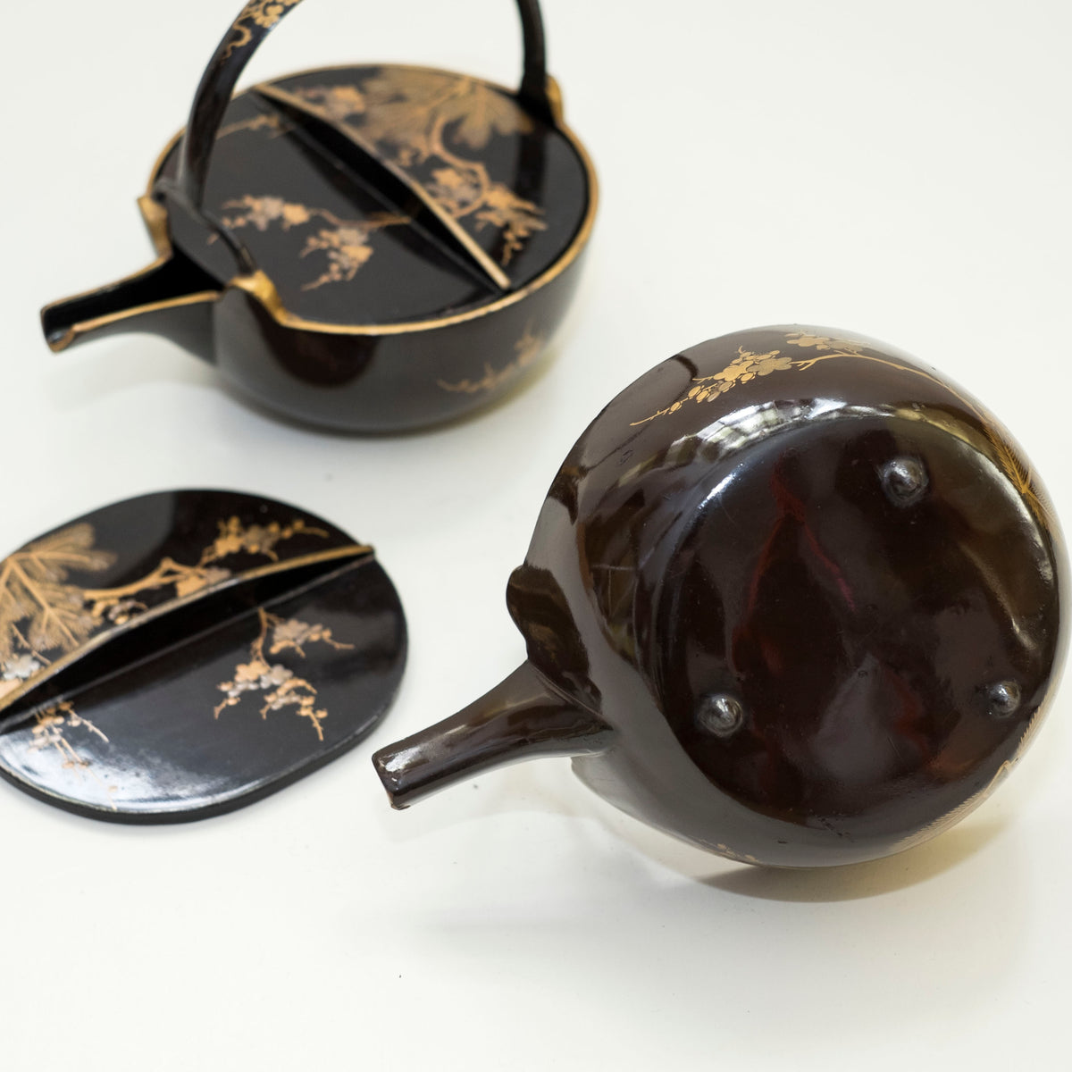 Antique Japanese Maki-e Lacquer Choshi Sake Ewer Pair | Pine Plum Gold Urushi Ceremonial Pourers with Wood Box