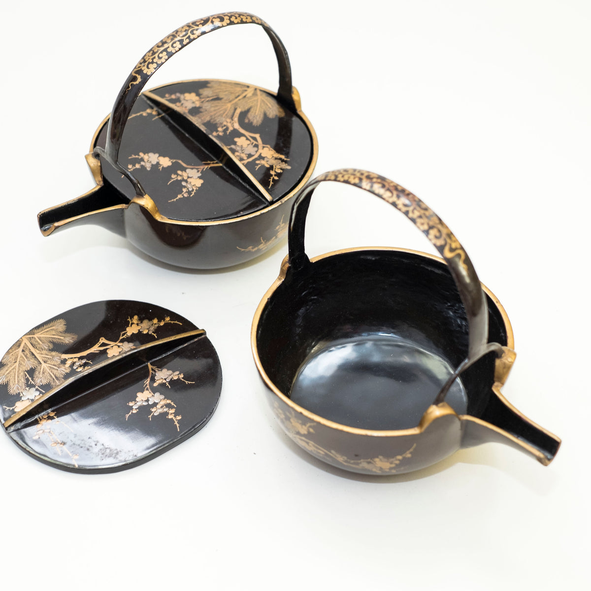 Antique Japanese Maki-e Lacquer Choshi Sake Ewer Pair | Pine Plum Gold Urushi Ceremonial Pourers with Wood Box