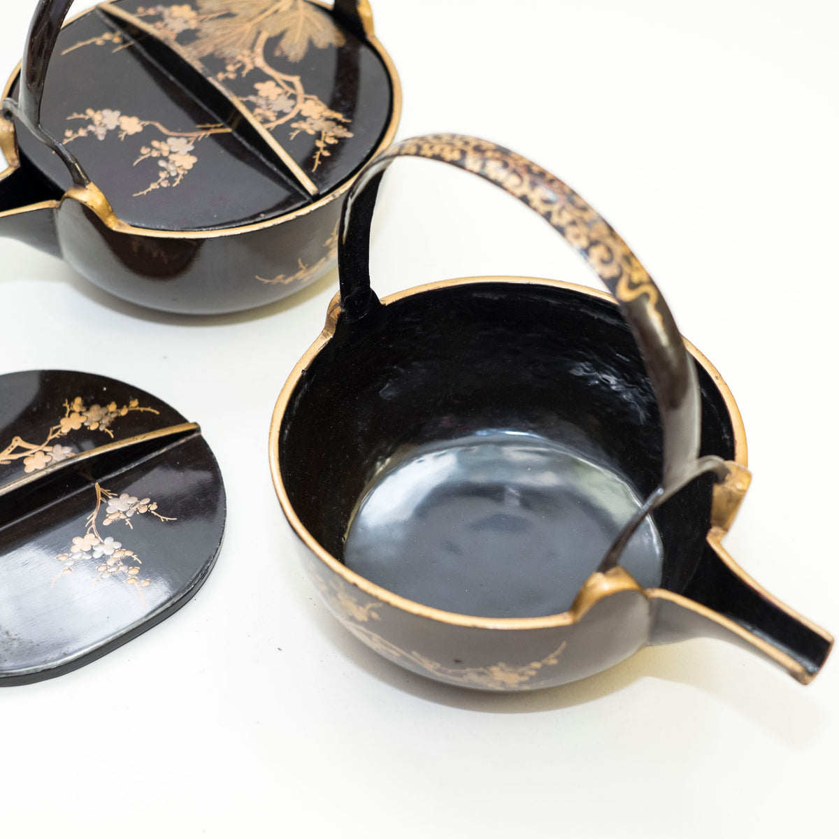 Antique Japanese Maki-e Lacquer Choshi Sake Ewer Pair | Pine Plum Gold Urushi Ceremonial Pourers with Wood Box