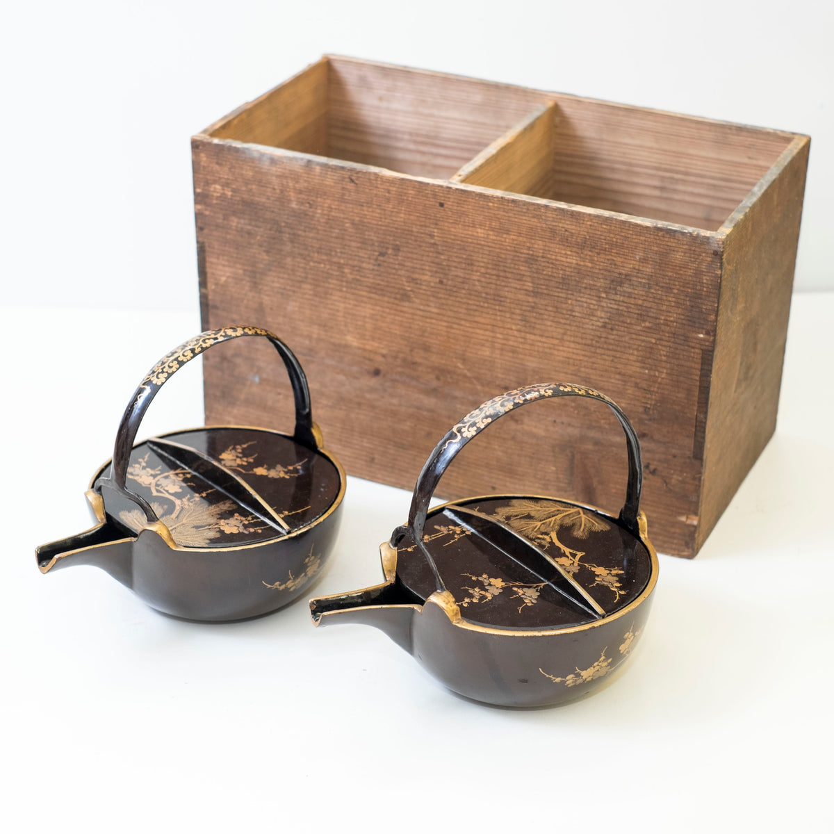 Antique Japanese Maki-e Lacquer Choshi Sake Ewer Pair | Pine Plum Gold Urushi Ceremonial Pourers with Wood Box
