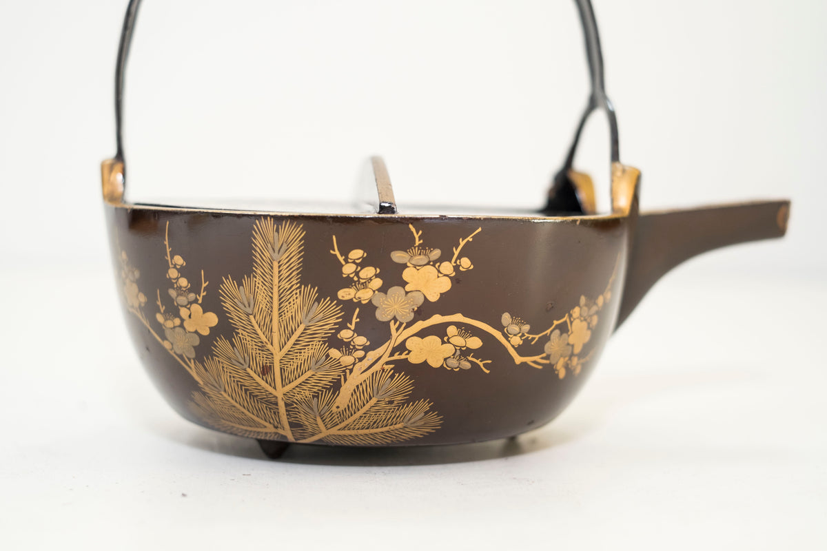 Antique Japanese Maki-e Lacquer Choshi Sake Ewer Pair | Pine Plum Gold Urushi Ceremonial Pourers with Wood Box