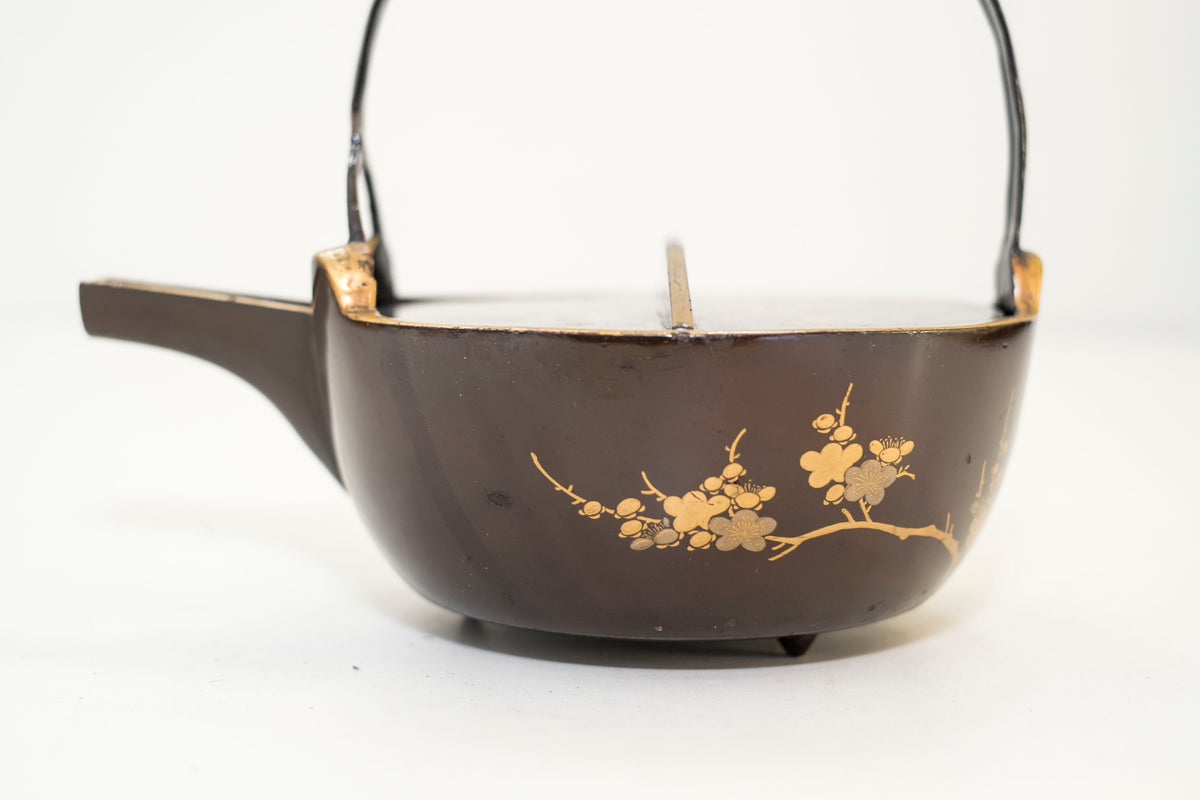 Antique Japanese Maki-e Lacquer Choshi Sake Ewer Pair | Pine Plum Gold Urushi Ceremonial Pourers with Wood Box