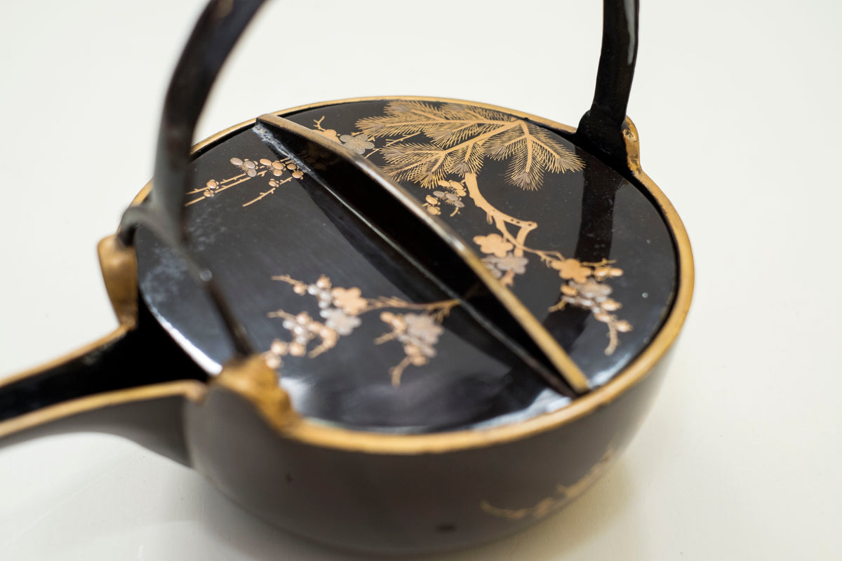 Antique Japanese Maki-e Lacquer Choshi Sake Ewer Pair | Pine Plum Gold Urushi Ceremonial Pourers with Wood Box