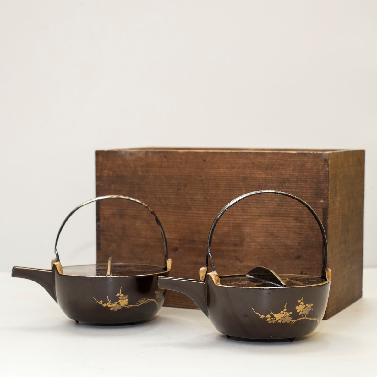 Antique Japanese Maki-e Lacquer Choshi Sake Ewer Pair | Pine Plum Gold Urushi Ceremonial Pourers with Wood Box