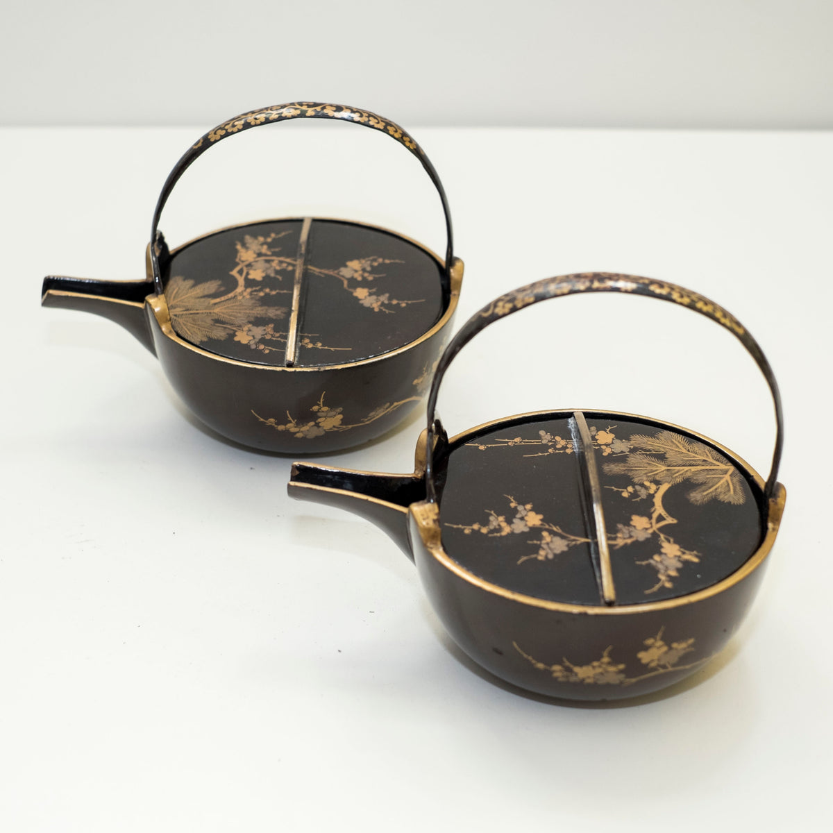 Antique Japanese Maki-e Lacquer Choshi Sake Ewer Pair | Pine Plum Gold Urushi Ceremonial Pourers with Wood Box