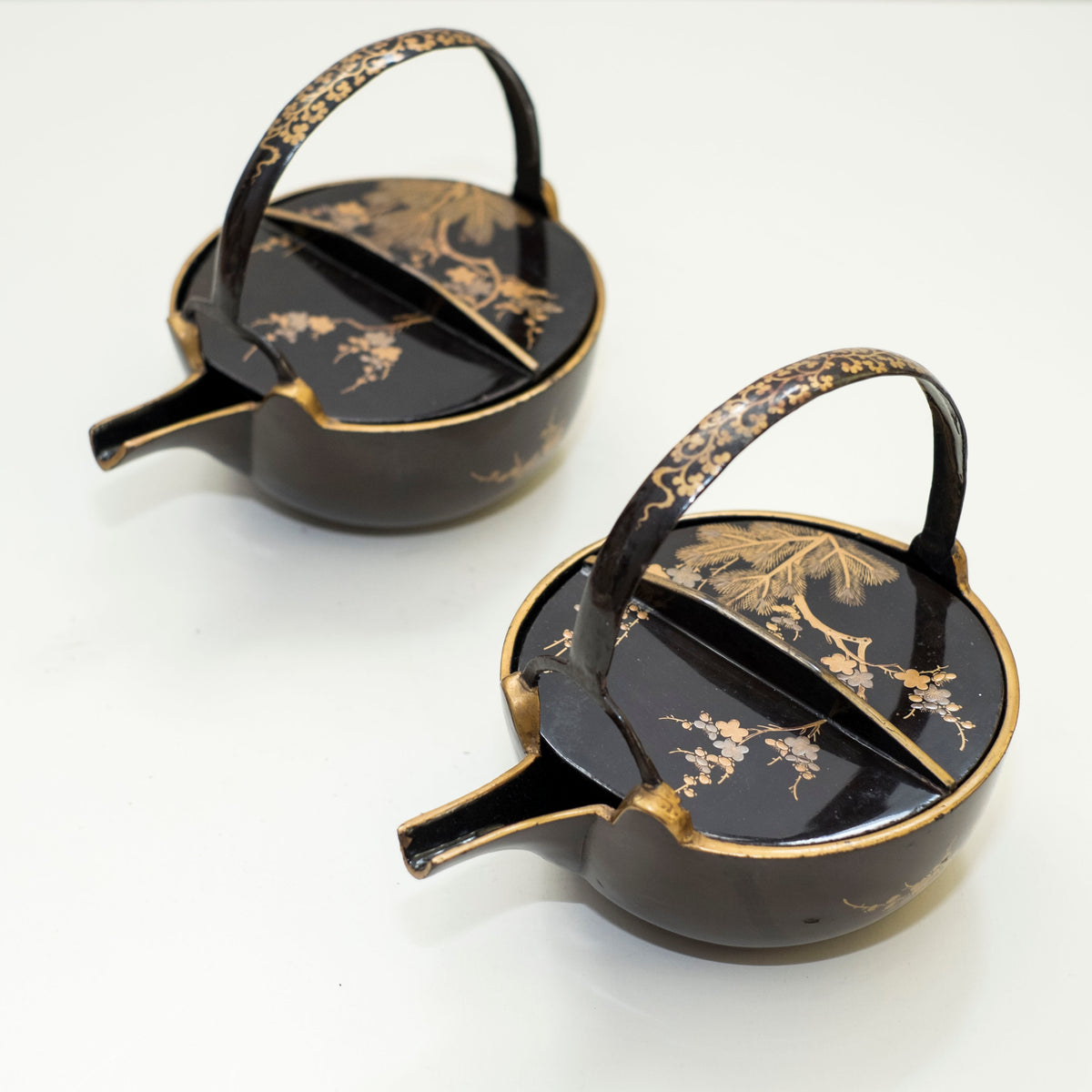 Antique Japanese Maki-e Lacquer Choshi Sake Ewer Pair | Pine Plum Gold Urushi Ceremonial Pourers with Wood Box