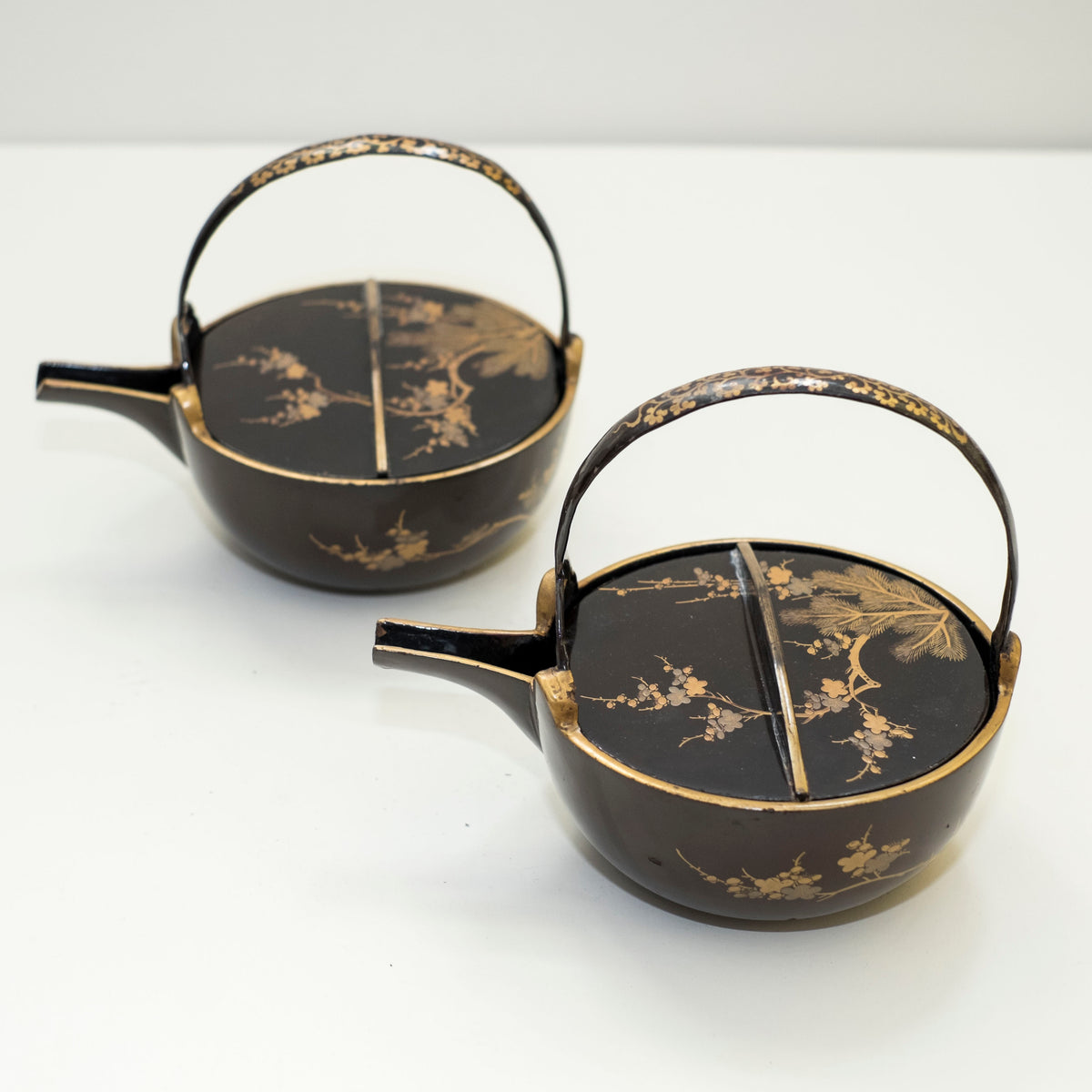 Antique Japanese Maki-e Lacquer Choshi Sake Ewer Pair | Pine Plum Gold Urushi Ceremonial Pourers with Wood Box