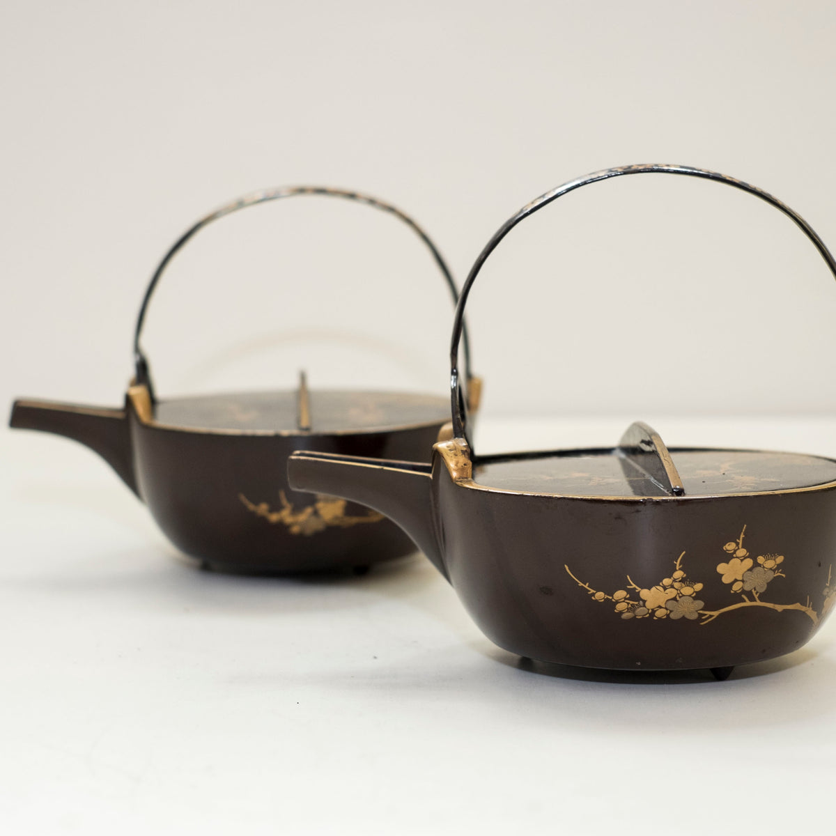 Antique Japanese Maki-e Lacquer Choshi Sake Ewer Pair | Pine Plum Gold Urushi Ceremonial Pourers with Wood Box