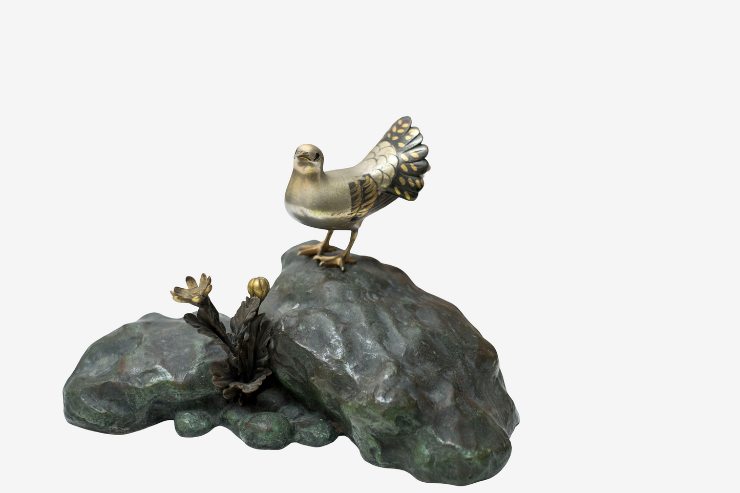 Japanese Bronze Dove Sculpture Signed Toshisaku Bird Statue Peace Symbol Zen Wabi Sabi Decor with Original Kiri Box
