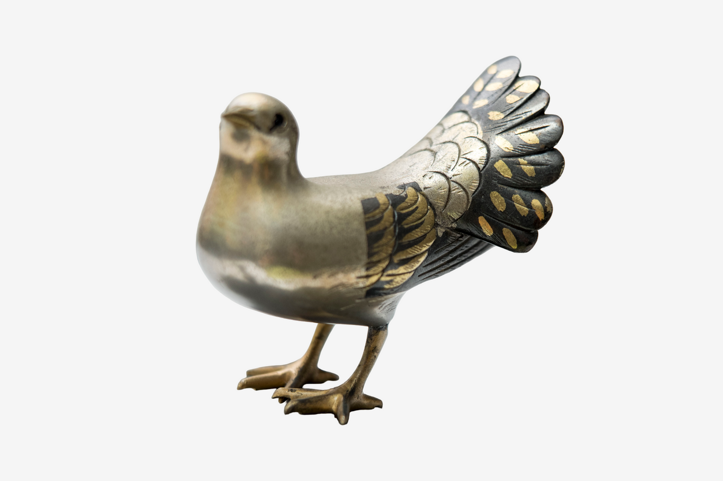 Japanese Bronze Dove Sculpture Signed Toshisaku Bird Statue Peace Symbol Zen Wabi Sabi Decor with Original Kiri Box