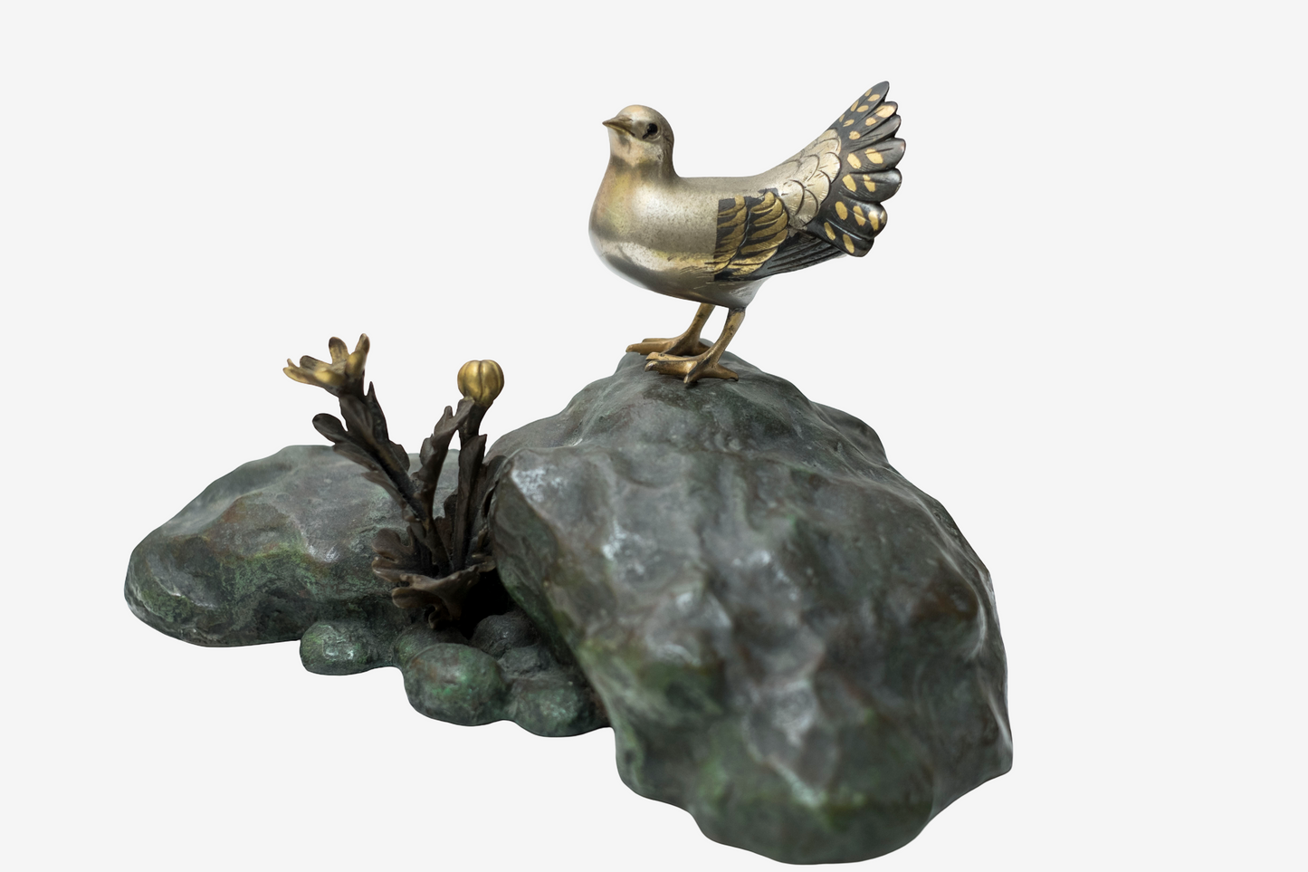 Japanese Bronze Dove Sculpture Signed Toshisaku Bird Statue Peace Symbol Zen Wabi Sabi Decor with Original Kiri Box