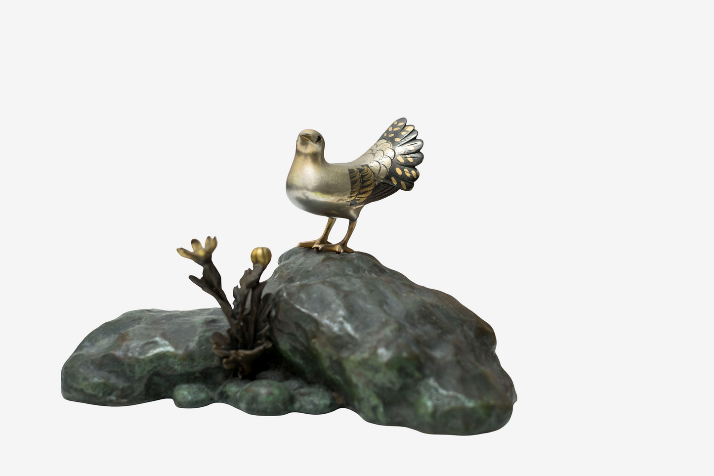 Japanese Bronze Dove Sculpture Signed Toshisaku Bird Statue Peace Symbol Zen Wabi Sabi Decor with Original Kiri Box