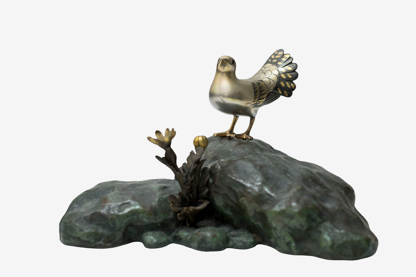 Japanese Bronze Dove Sculpture Signed Toshisaku Bird Statue Peace Symbol Zen Wabi Sabi Decor with Original Kiri Box