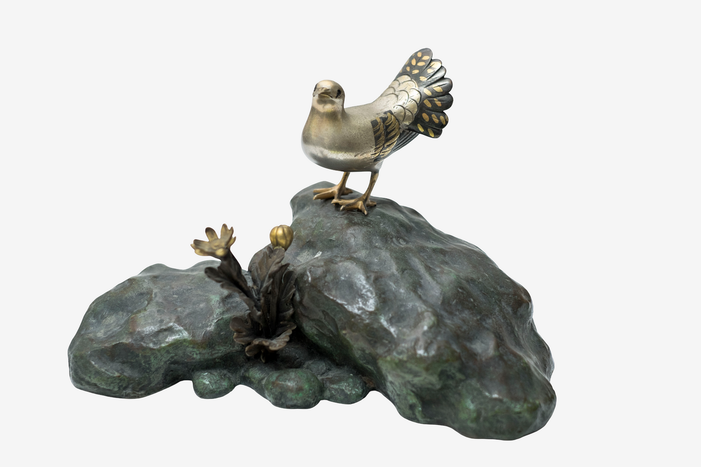 Japanese Bronze Dove Sculpture Signed Toshisaku Bird Statue Peace Symbol Zen Wabi Sabi Decor with Original Kiri Box
