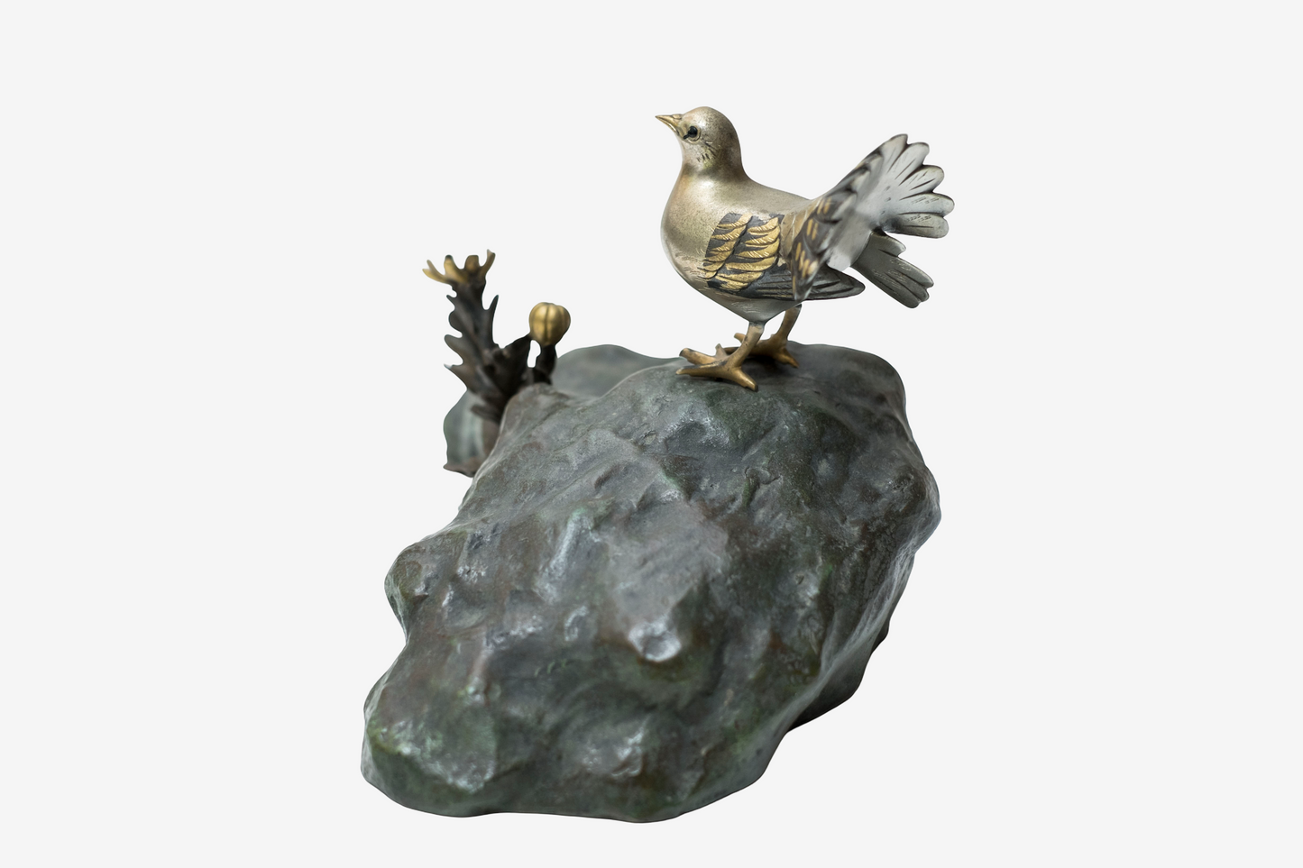 Japanese Bronze Dove Sculpture Signed Toshisaku Bird Statue Peace Symbol Zen Wabi Sabi Decor with Original Kiri Box