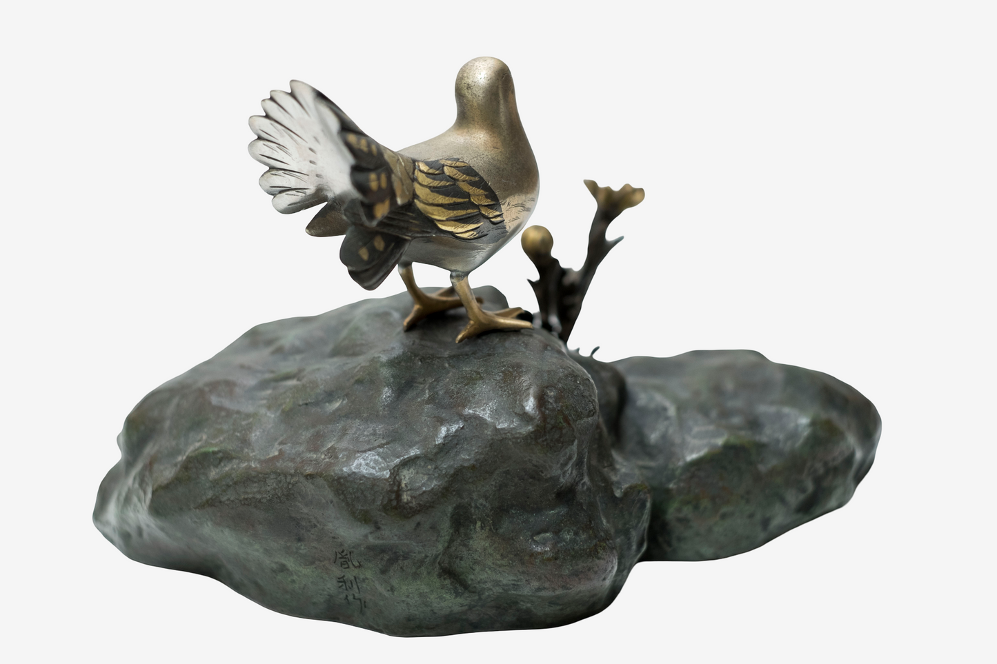 Japanese Bronze Dove Sculpture Signed Toshisaku Bird Statue Peace Symbol Zen Wabi Sabi Decor with Original Kiri Box
