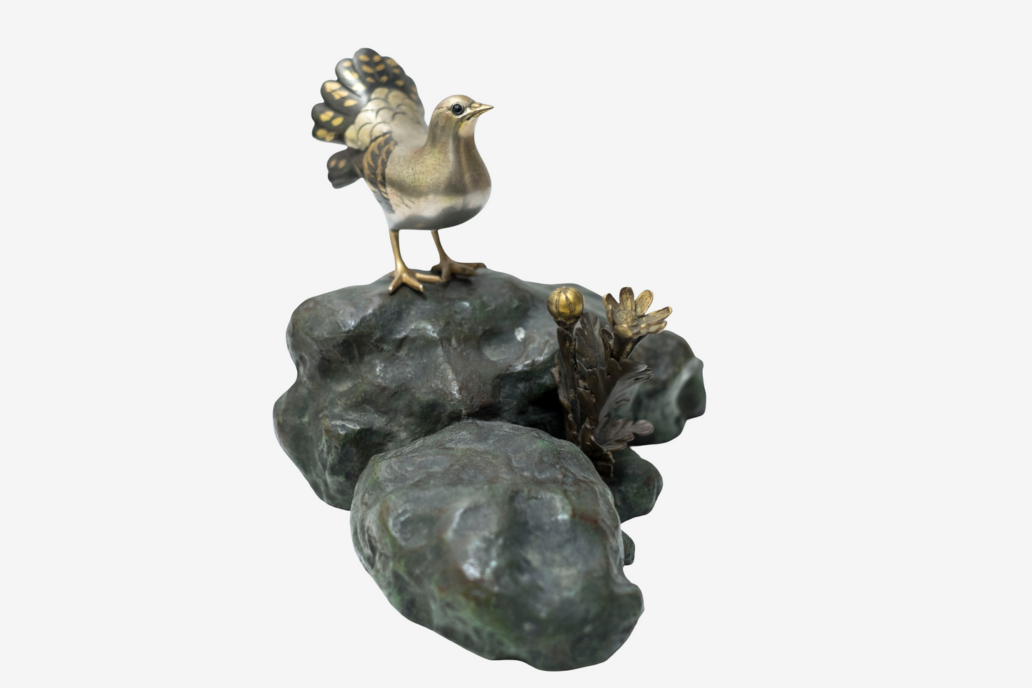 Japanese Bronze Dove Sculpture Signed Toshisaku Bird Statue Peace Symbol Zen Wabi Sabi Decor with Original Kiri Box