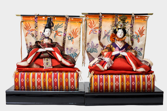 Taishō–Early Shōwa Hina Ningyō Imperial Pair (Dairi-bina) Silk Brocade with Phoenix Screens