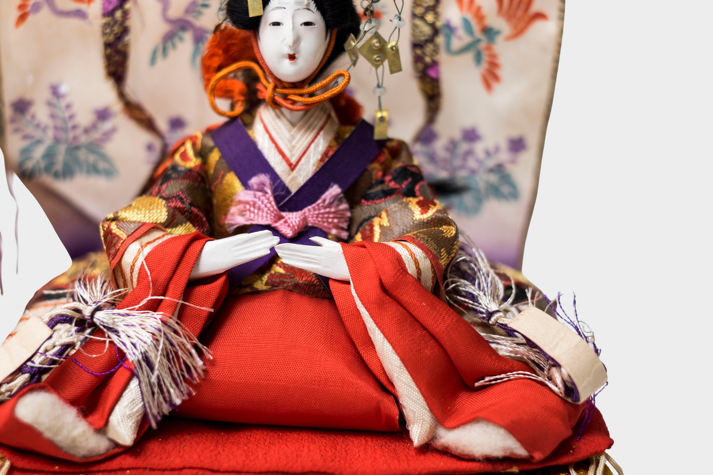 Taishō–Early Shōwa Hina Ningyō Imperial Pair (Dairi-bina) Silk Brocade with Phoenix Screens