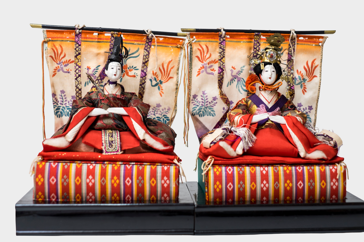Taishō–Early Shōwa Hina Ningyō Imperial Pair (Dairi-bina) Silk Brocade with Phoenix Screens
