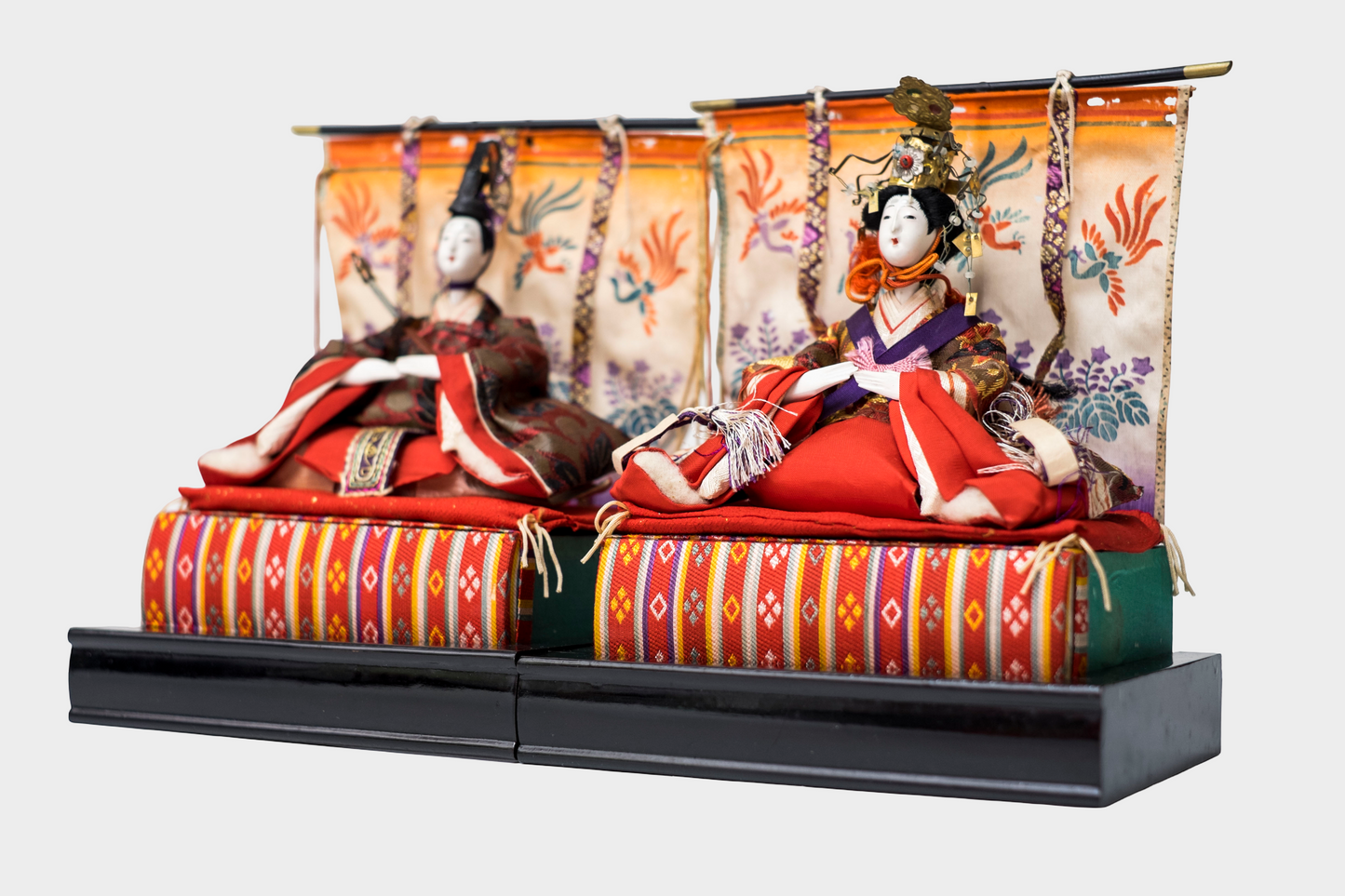Taishō–Early Shōwa Hina Ningyō Imperial Pair (Dairi-bina) Silk Brocade with Phoenix Screens
