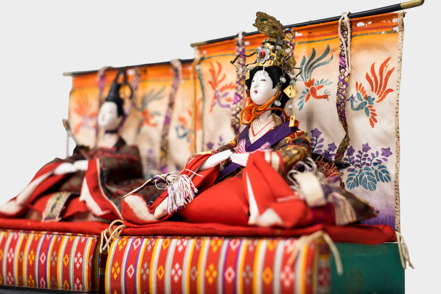 Taishō–Early Shōwa Hina Ningyō Imperial Pair (Dairi-bina) Silk Brocade with Phoenix Screens