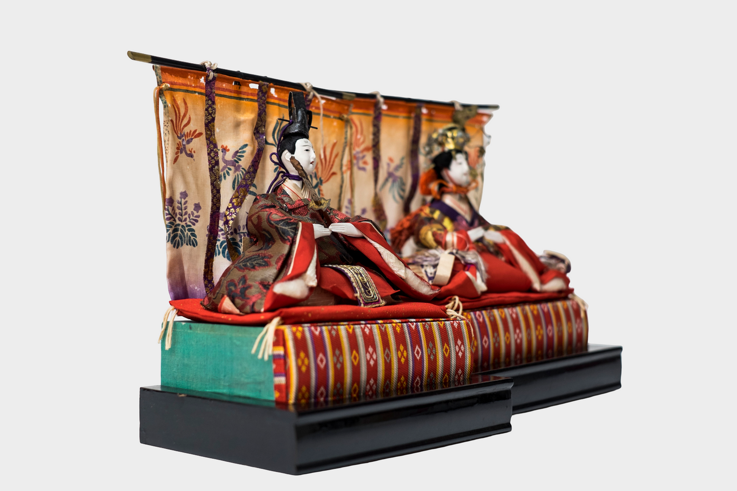 Taishō–Early Shōwa Hina Ningyō Imperial Pair (Dairi-bina) Silk Brocade with Phoenix Screens