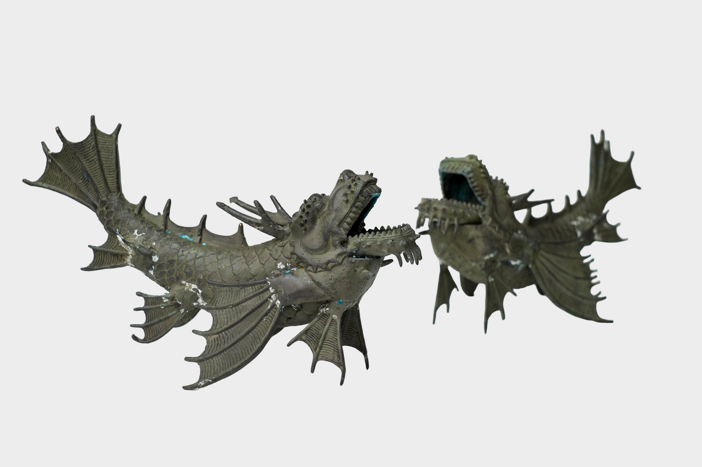 Pair of Bronze Shachihoko Dragon-Fish Guardians | East Asian Mythical Roof Form Sculptures