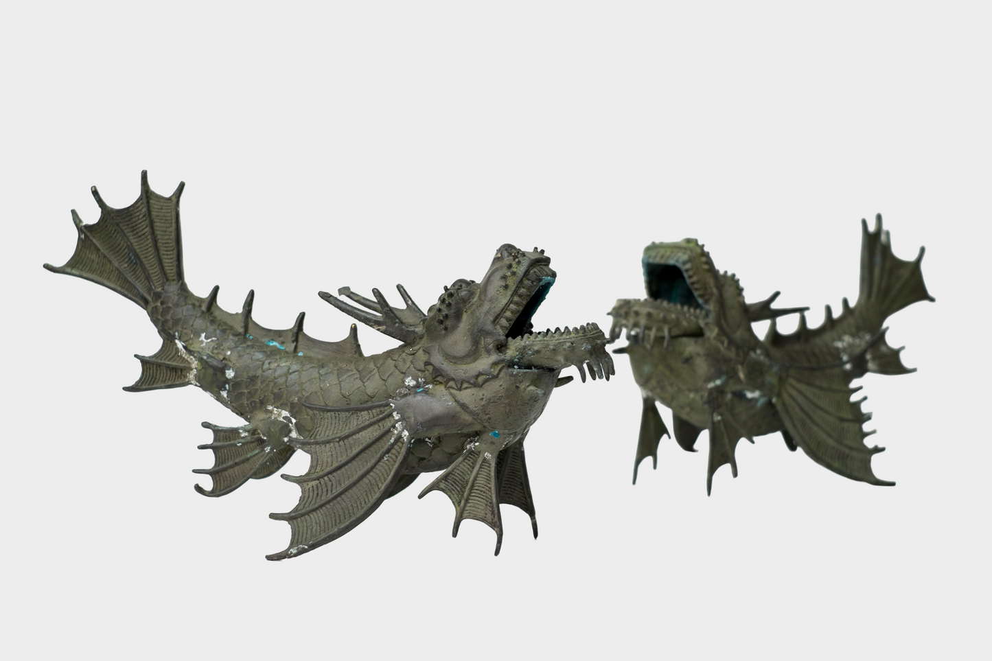 Pair of Bronze Shachihoko Dragon-Fish Guardians | East Asian Mythical Roof Form Sculptures