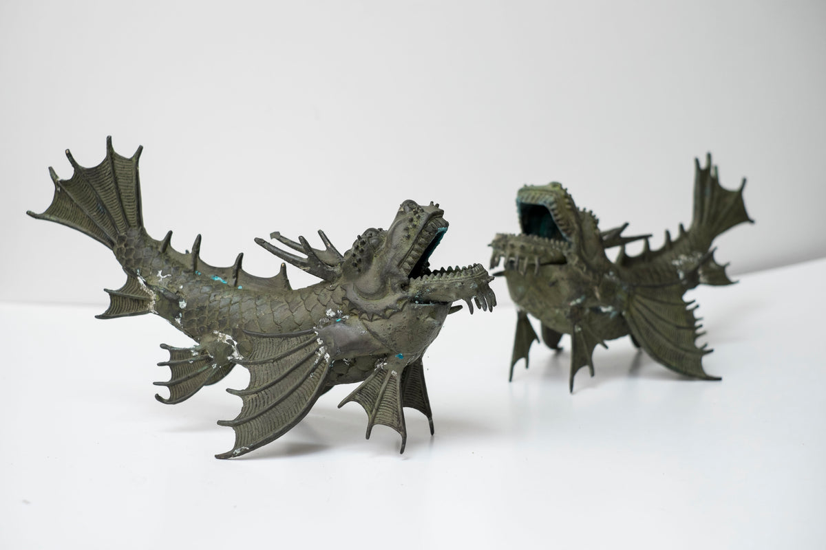 Pair Vintage Bronze Shachihoko Dragon Fish Guardians, Japanese-Inspired East Asian Mythical Sculptures, Patinated Metal Art