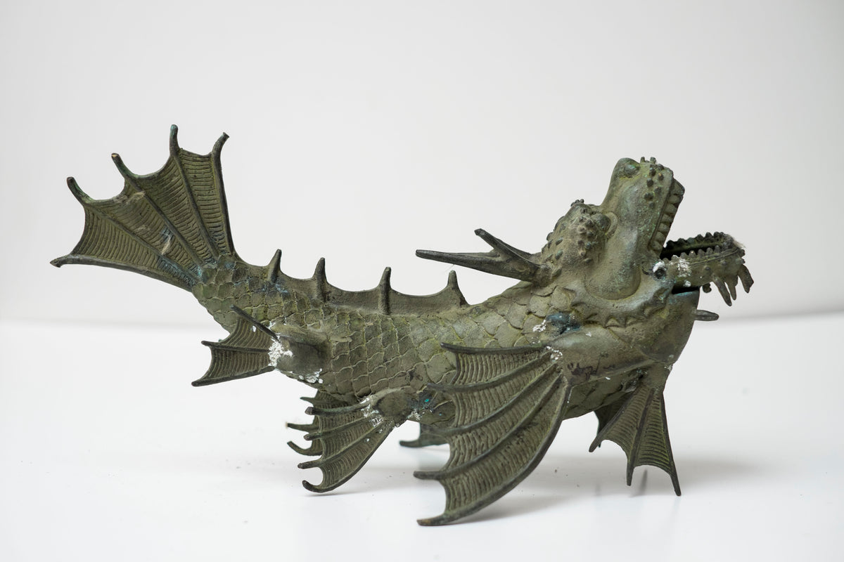 Pair Vintage Bronze Shachihoko Dragon Fish Guardians, Japanese-Inspired East Asian Mythical Sculptures, Patinated Metal Art