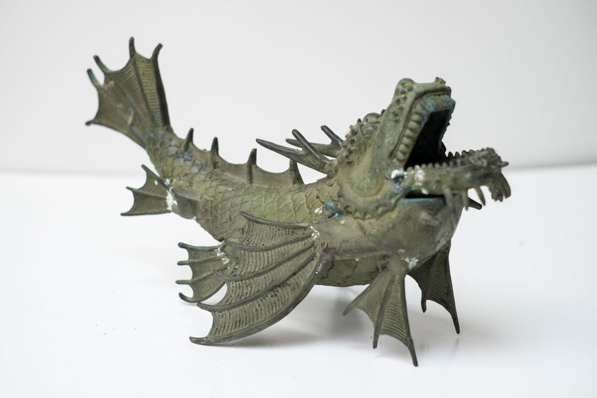 Pair Vintage Bronze Shachihoko Dragon Fish Guardians, Japanese-Inspired East Asian Mythical Sculptures, Patinated Metal Art