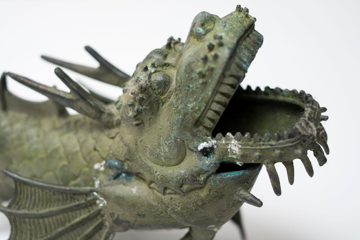 Pair Vintage Bronze Shachihoko Dragon Fish Guardians, Japanese-Inspired East Asian Mythical Sculptures, Patinated Metal Art