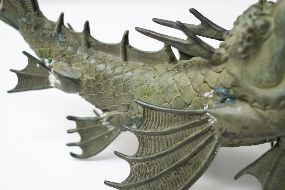 Pair Vintage Bronze Shachihoko Dragon Fish Guardians, Japanese-Inspired East Asian Mythical Sculptures, Patinated Metal Art