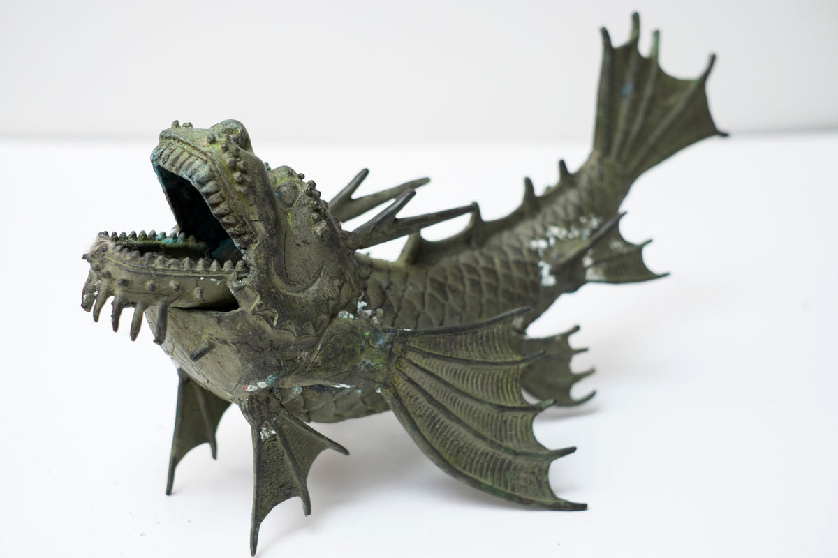 Pair Vintage Bronze Shachihoko Dragon Fish Guardians, Japanese-Inspired East Asian Mythical Sculptures, Patinated Metal Art