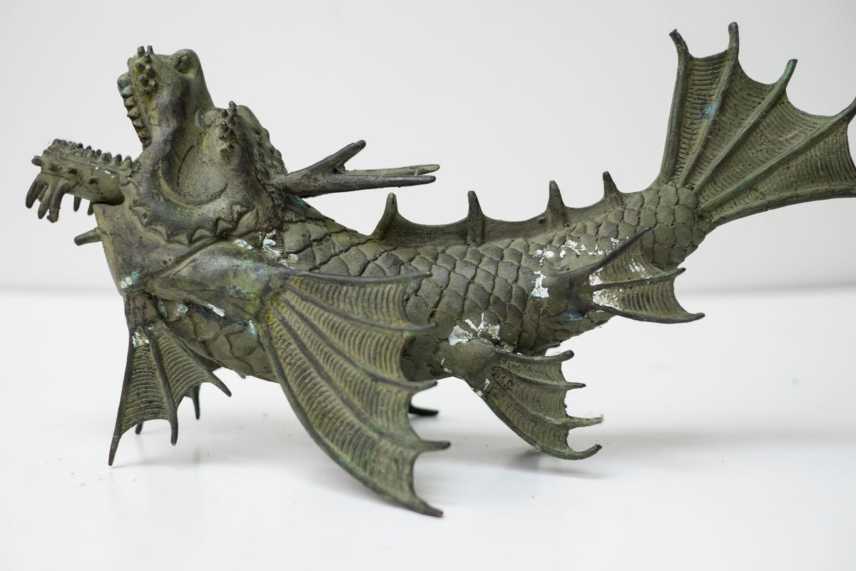 Pair Vintage Bronze Shachihoko Dragon Fish Guardians, Japanese-Inspired East Asian Mythical Sculptures, Patinated Metal Art