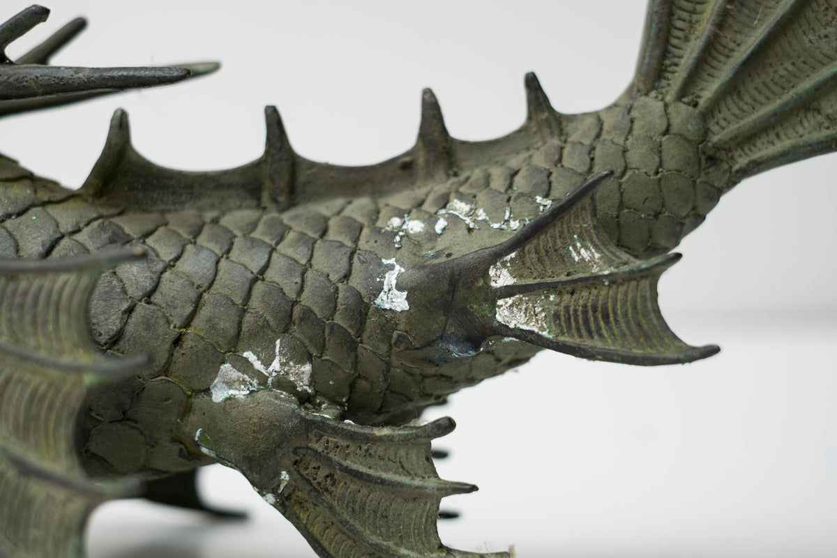 Pair Vintage Bronze Shachihoko Dragon Fish Guardians, Japanese-Inspired East Asian Mythical Sculptures, Patinated Metal Art