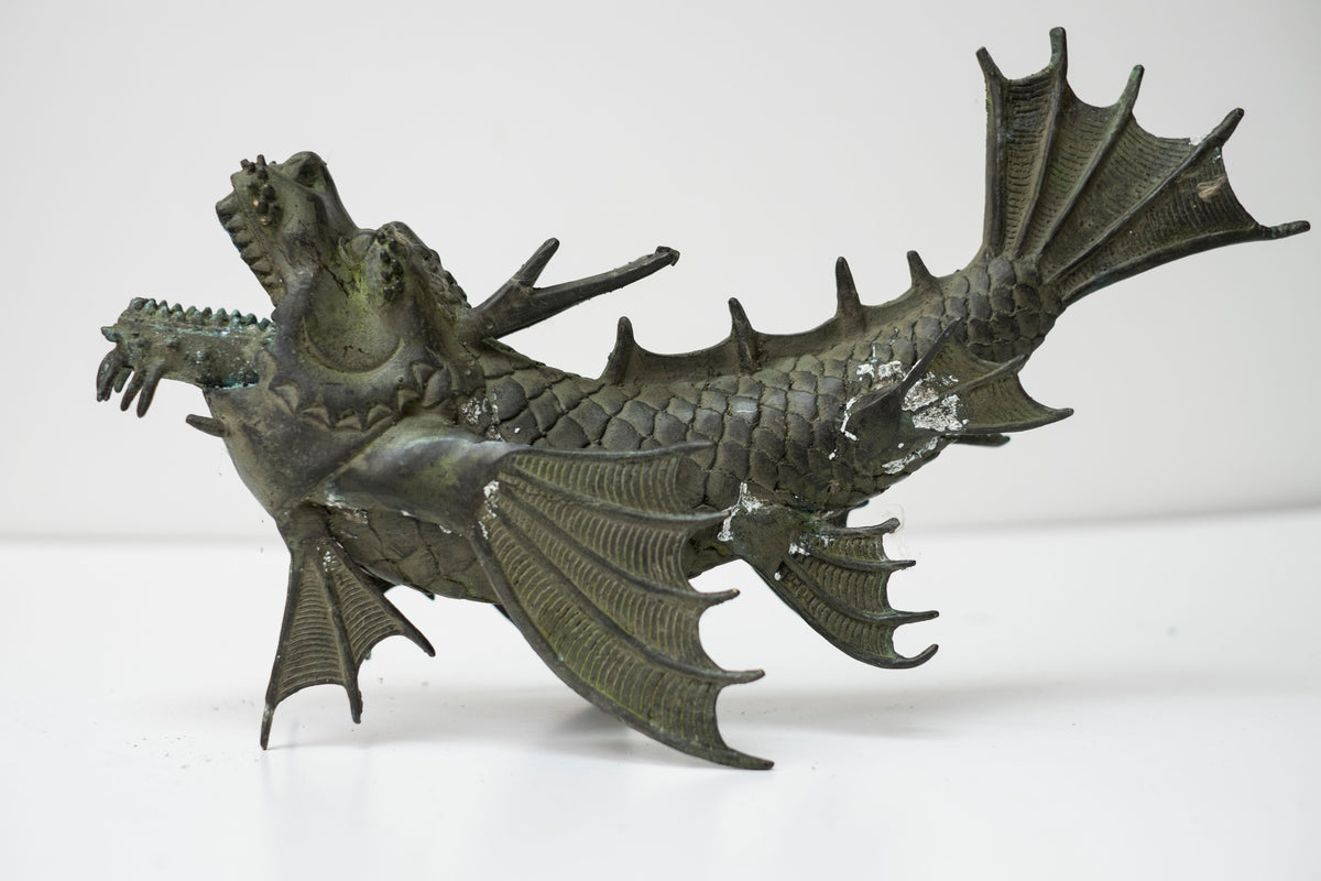 Pair Vintage Bronze Shachihoko Dragon Fish Guardians, Japanese-Inspired East Asian Mythical Sculptures, Patinated Metal Art
