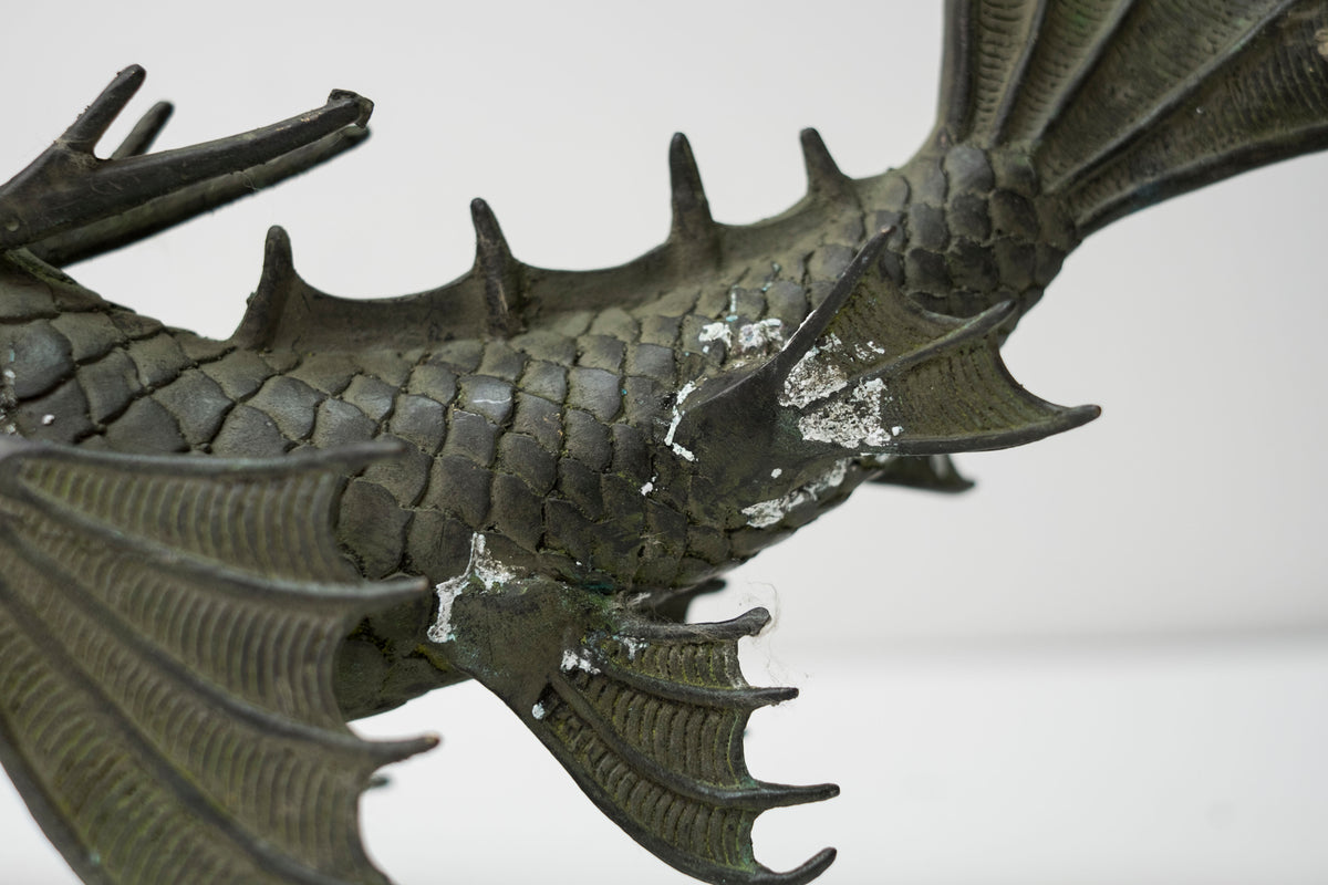 Pair Vintage Bronze Shachihoko Dragon Fish Guardians, Japanese-Inspired East Asian Mythical Sculptures, Patinated Metal Art