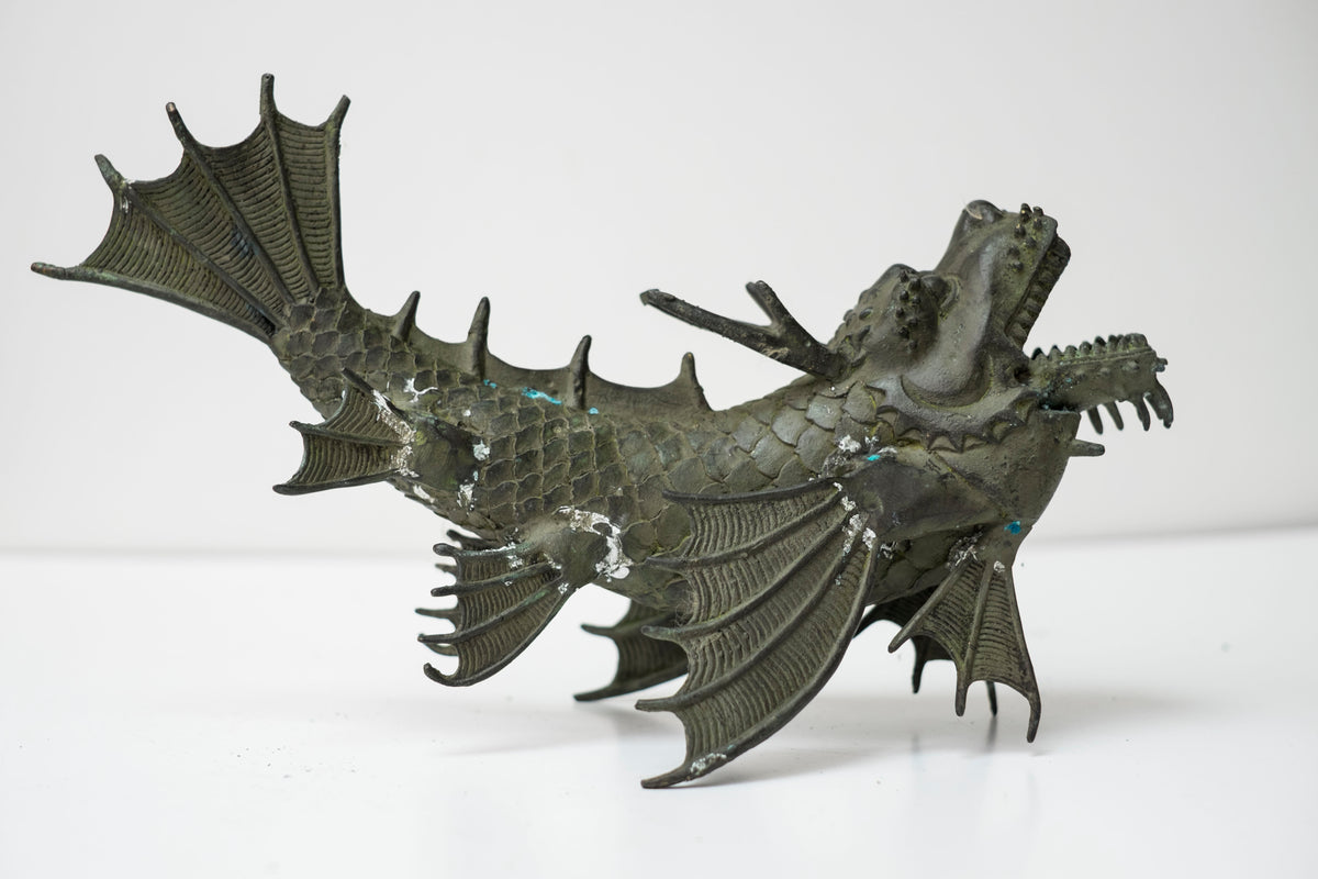 Pair Vintage Bronze Shachihoko Dragon Fish Guardians, Japanese-Inspired East Asian Mythical Sculptures, Patinated Metal Art