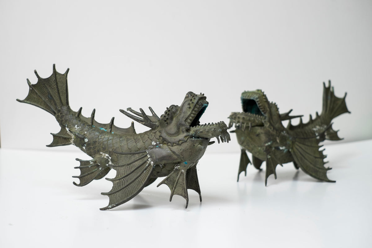 Pair Vintage Bronze Shachihoko Dragon Fish Guardians, Japanese-Inspired East Asian Mythical Sculptures, Patinated Metal Art