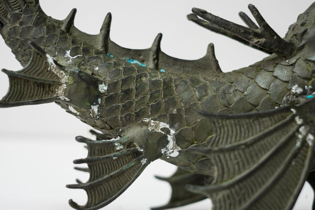 Pair Vintage Bronze Shachihoko Dragon Fish Guardians, Japanese-Inspired East Asian Mythical Sculptures, Patinated Metal Art