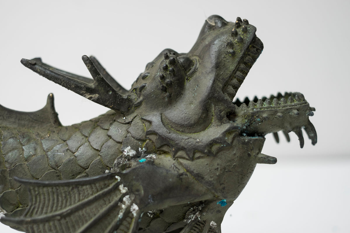 Pair Vintage Bronze Shachihoko Dragon Fish Guardians, Japanese-Inspired East Asian Mythical Sculptures, Patinated Metal Art