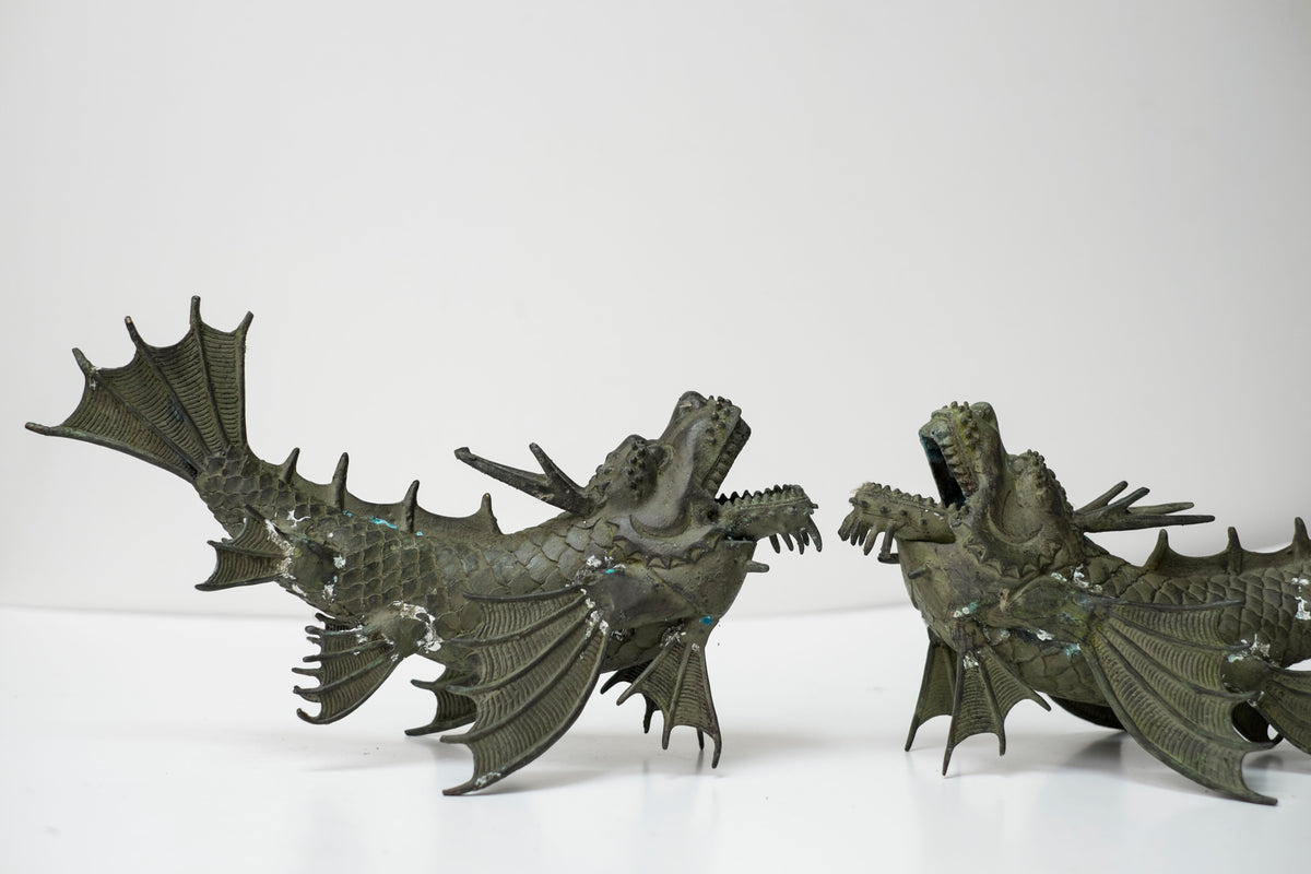 Pair Vintage Bronze Shachihoko Dragon Fish Guardians, Japanese-Inspired East Asian Mythical Sculptures, Patinated Metal Art