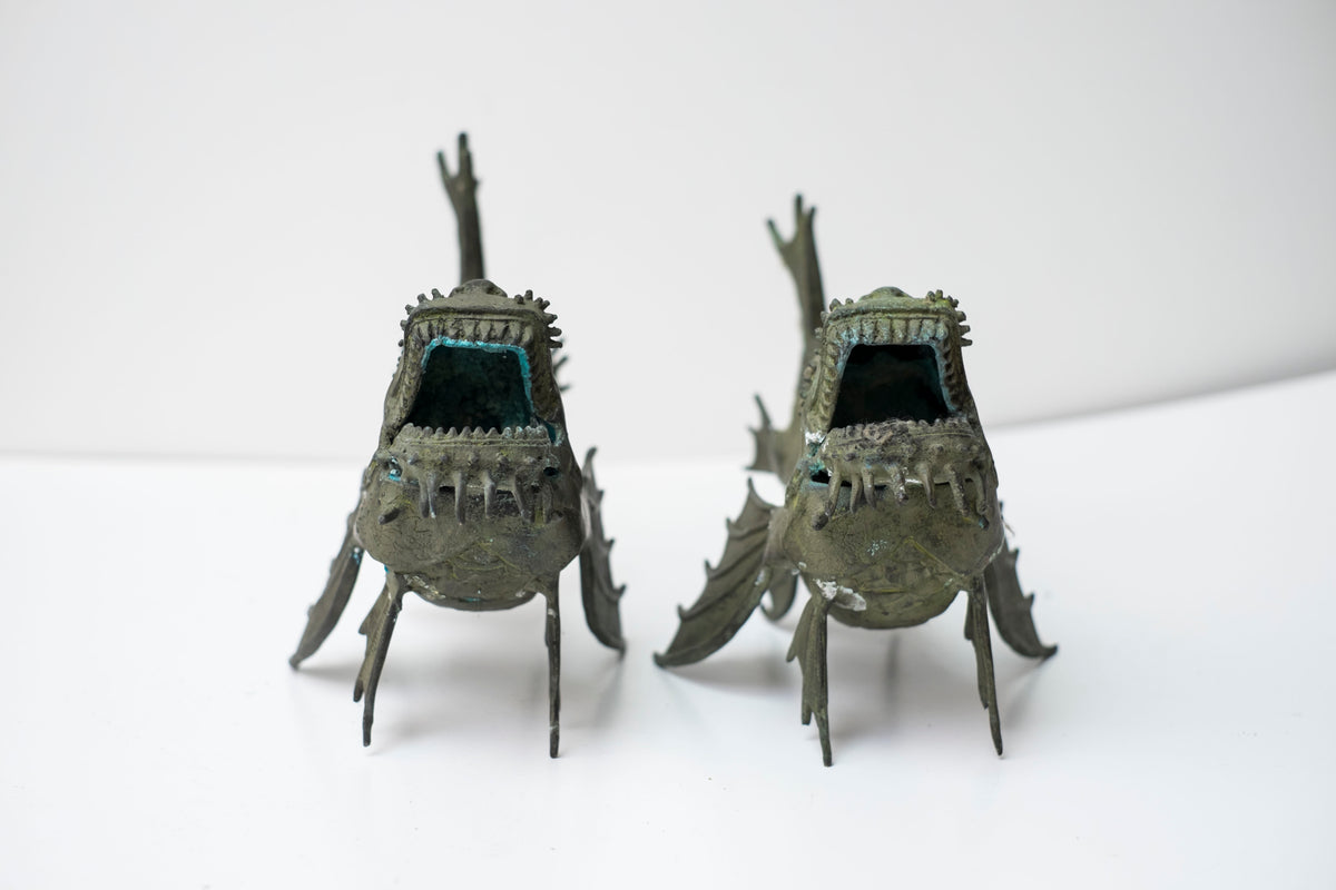 Pair Vintage Bronze Shachihoko Dragon Fish Guardians, Japanese-Inspired East Asian Mythical Sculptures, Patinated Metal Art