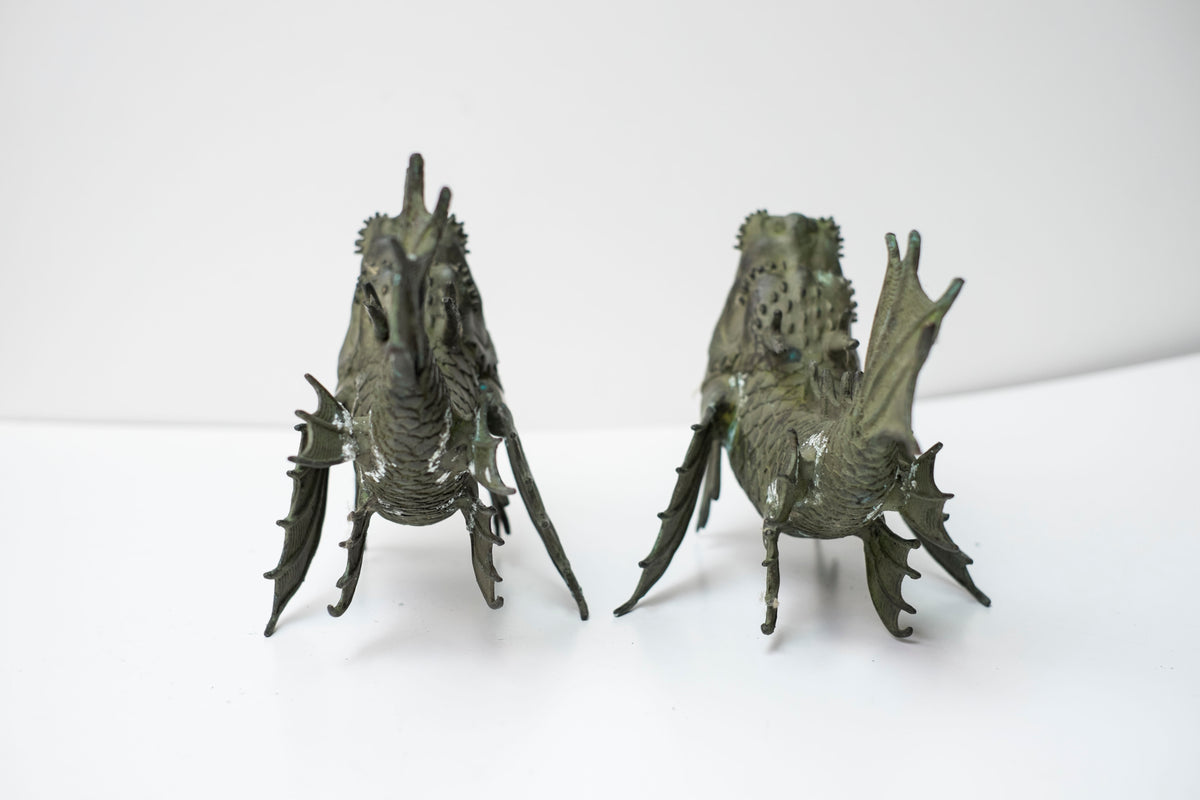 Pair Vintage Bronze Shachihoko Dragon Fish Guardians, Japanese-Inspired East Asian Mythical Sculptures, Patinated Metal Art