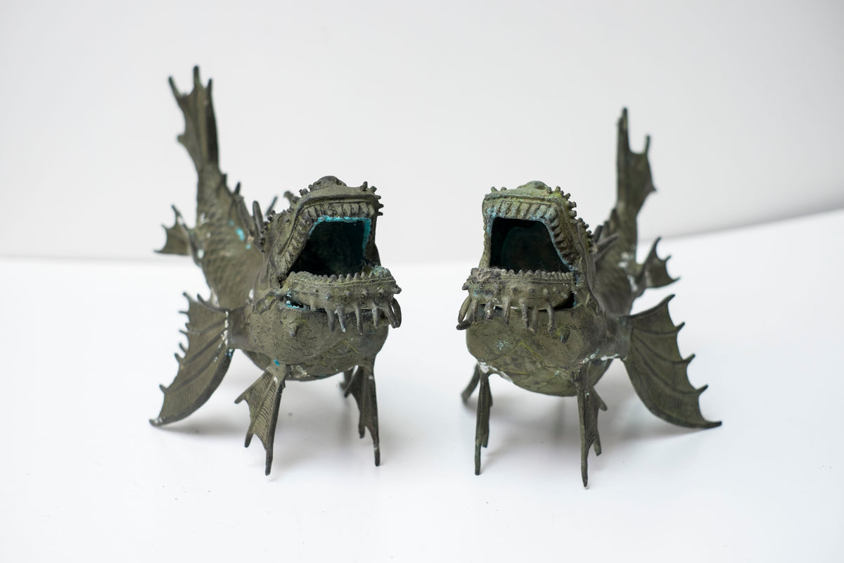 Pair Vintage Bronze Shachihoko Dragon Fish Guardians, Japanese-Inspired East Asian Mythical Sculptures, Patinated Metal Art